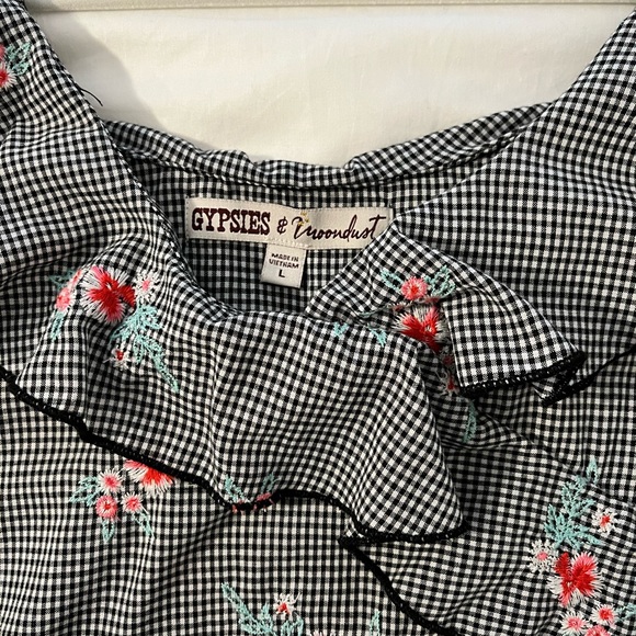 Gypsies & Moondust Juniors Blouse Ruffled Black White Gingham Off Shoulder - Picture 5 of 7